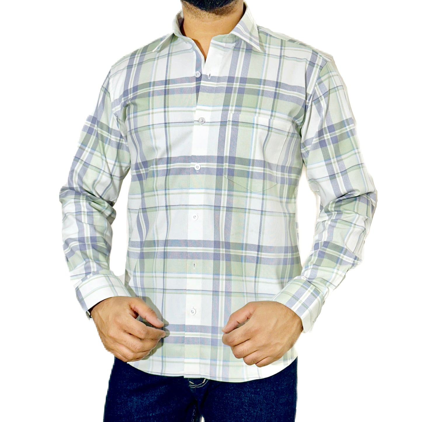 LIGHT GREEN AND WHITE GLEN CHECK SHIRT