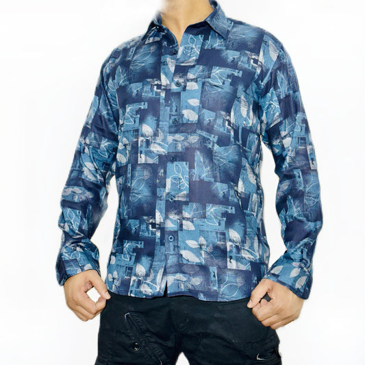 BLUE AND GREY PATCH PRINTED SHIRT - WRINKLE FREE
