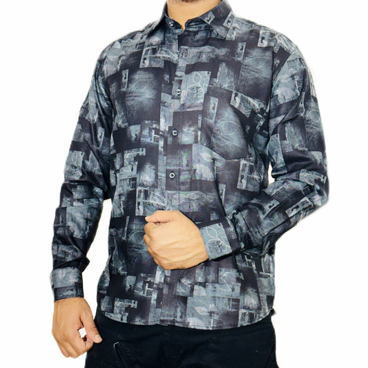 BLACK AND GREY PATCH PRINTED SHIRT - WRINKLE FREE