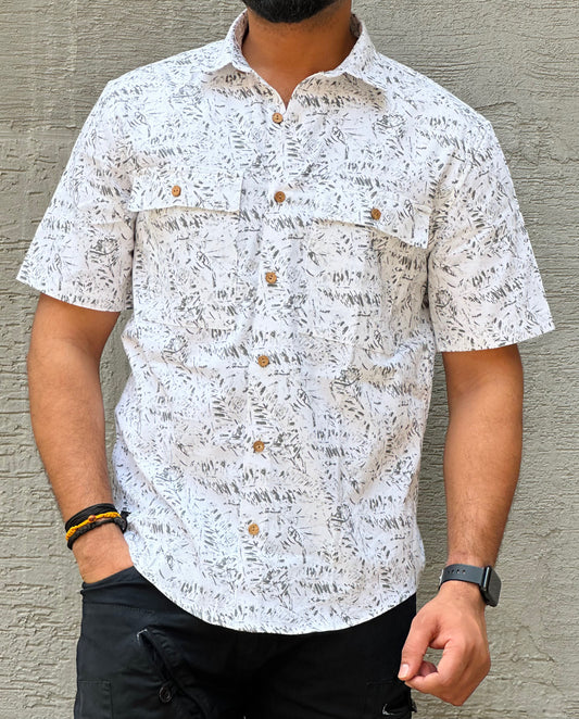 WHITE AND GOLDEN LEAFY PATTERN SHIRT