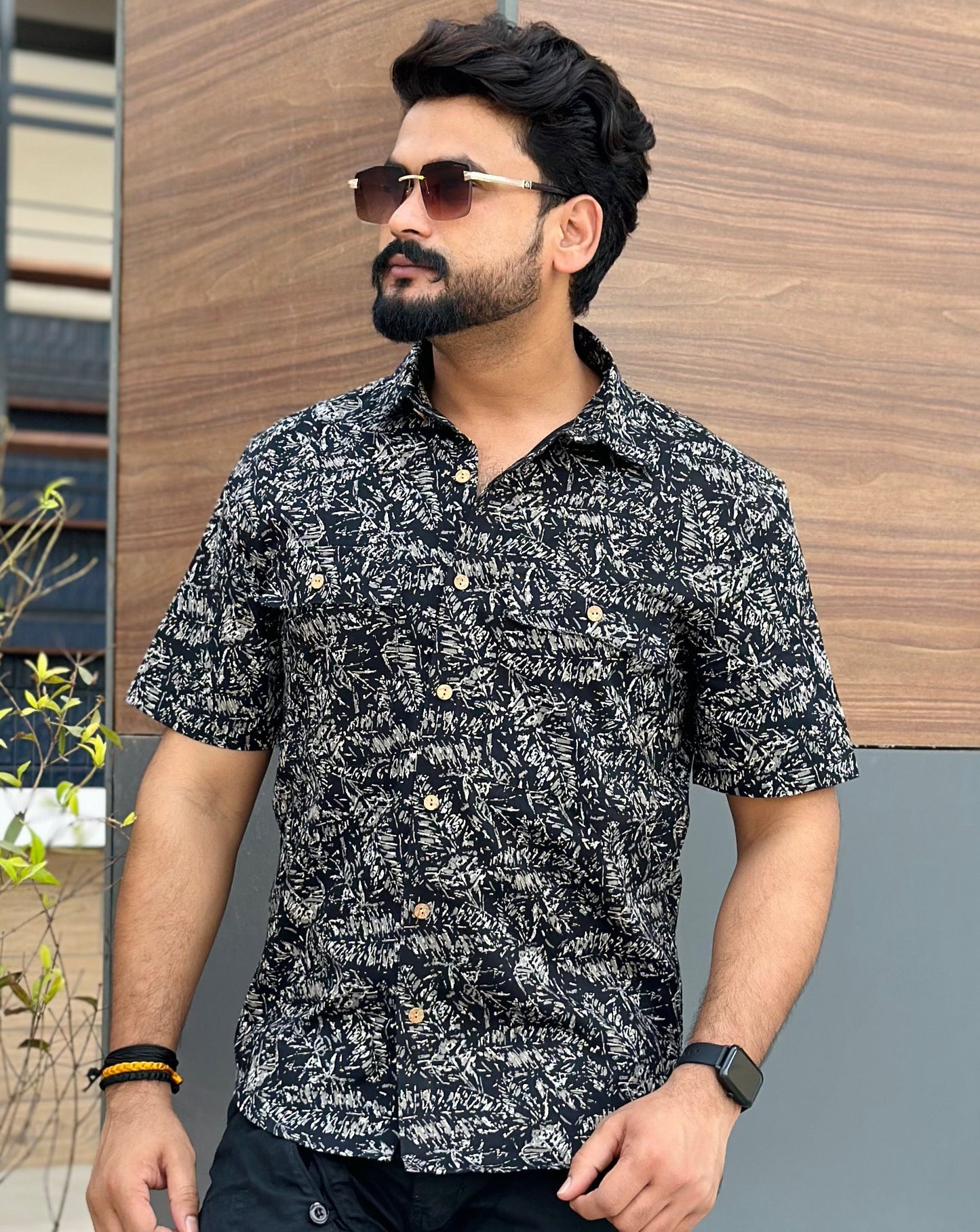 BLACK AND GOLDEN LEAFY PATTERN SHIRT