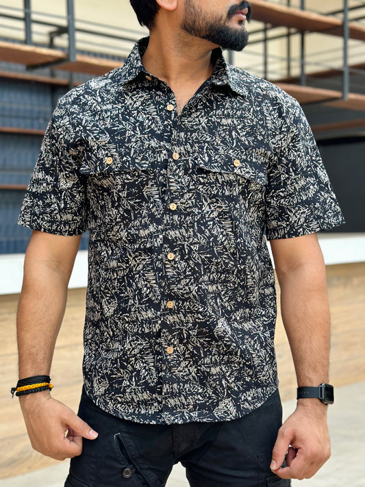BLACK AND GOLDEN LEAFY PATTERN SHIRT