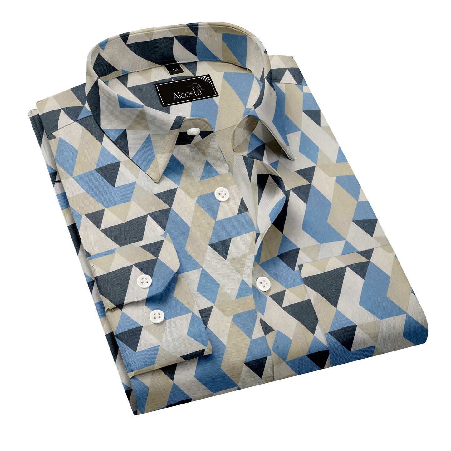 MENS BLUE AND WHITE TRIANGLE PRINT LYCRA COTTON SHIRT