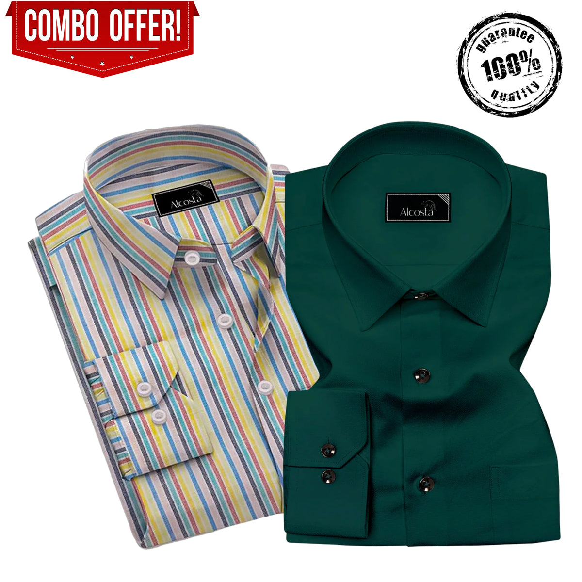 Combo of 2 Cotton striped shirt & Dark green shirt