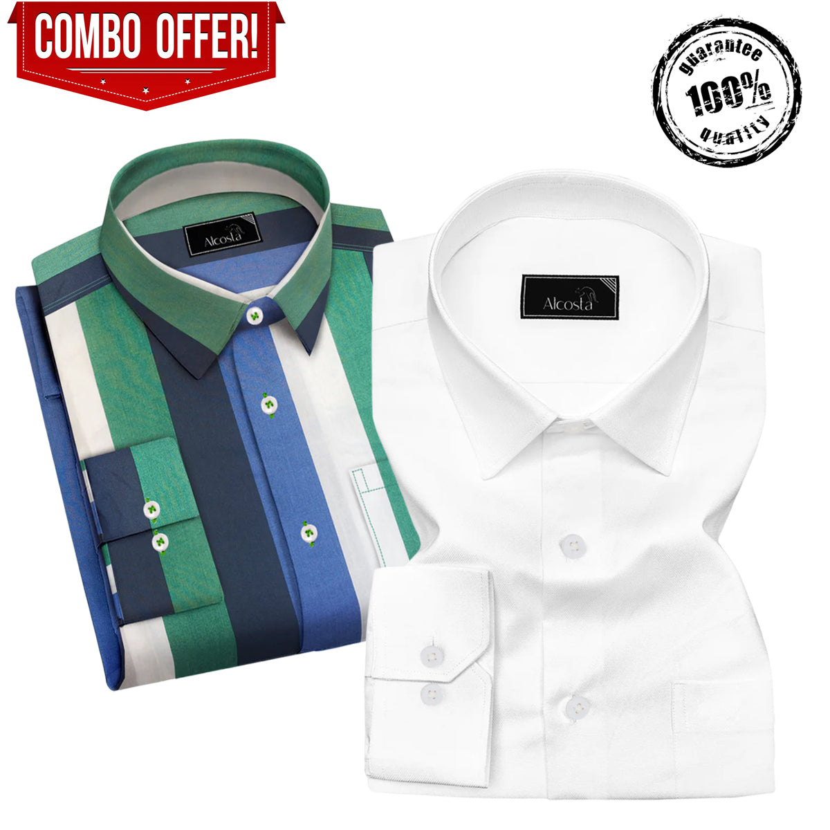Combo of 2 Cotton striped shirt & white shirt