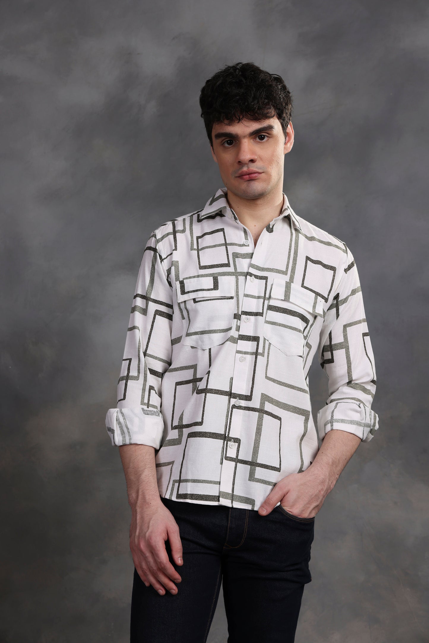 OLIVE GREEN & WHITE MATRIX PRINTED SHIRT