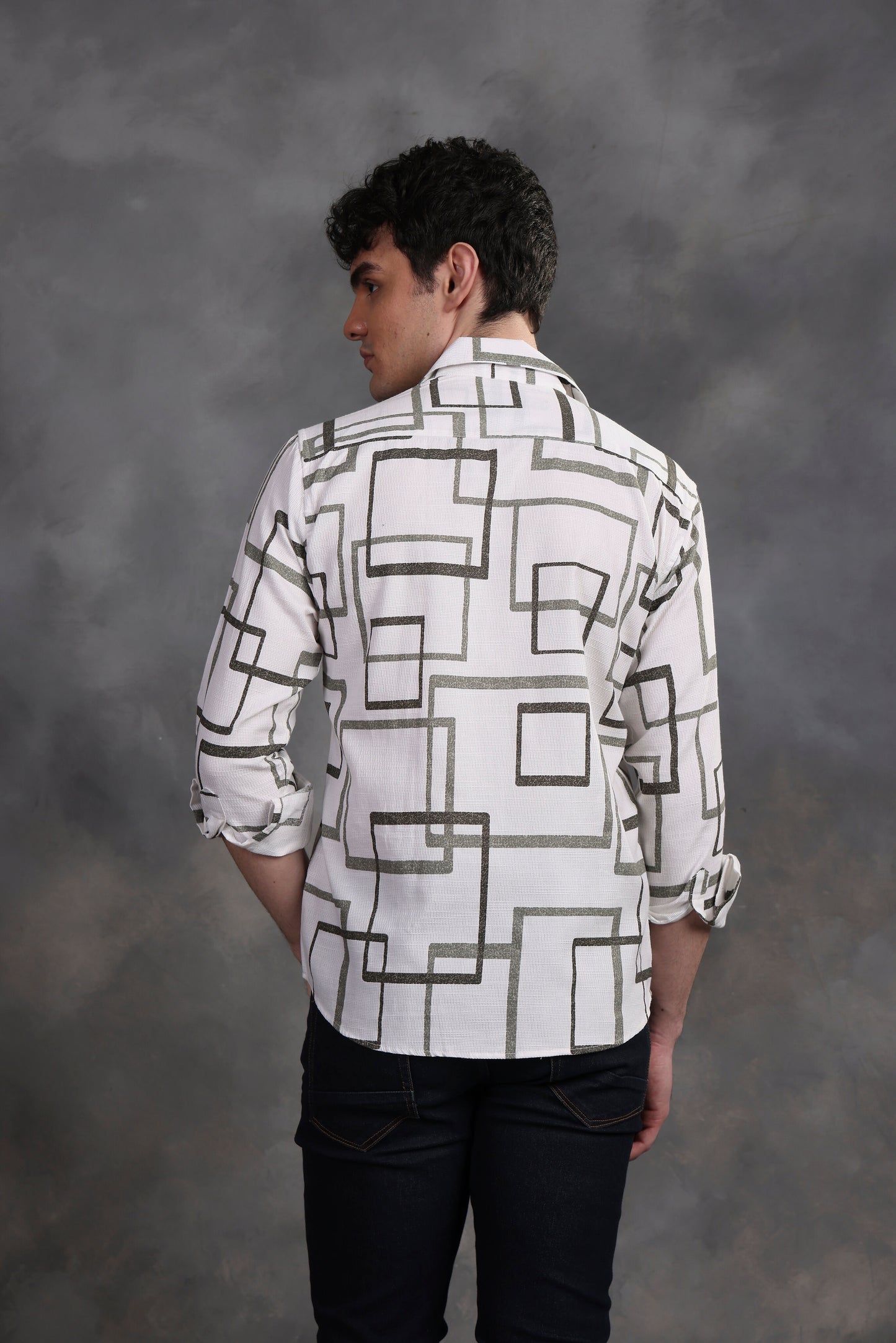 OLIVE GREEN & WHITE MATRIX PRINTED SHIRT