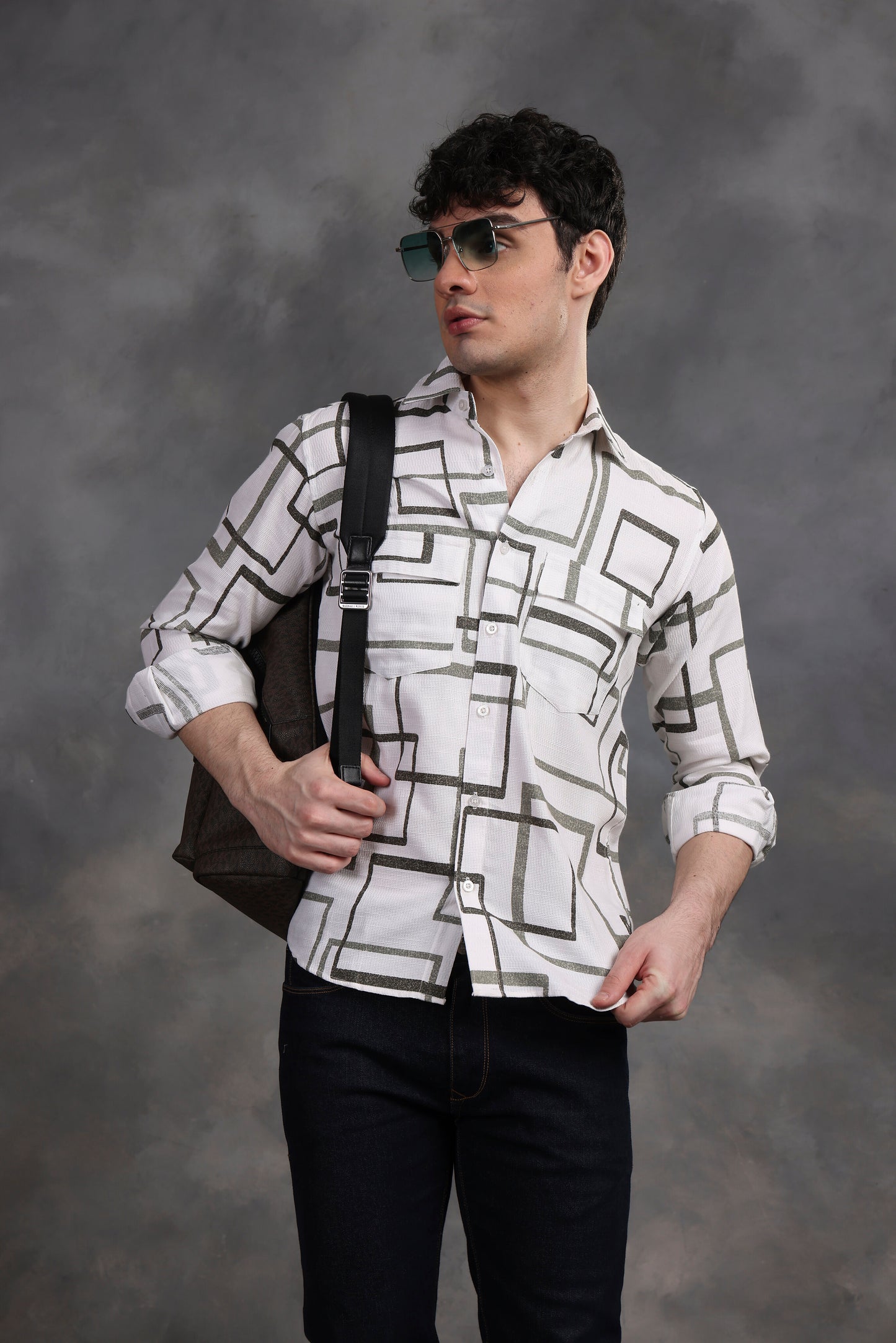 OLIVE GREEN & WHITE MATRIX PRINTED SHIRT