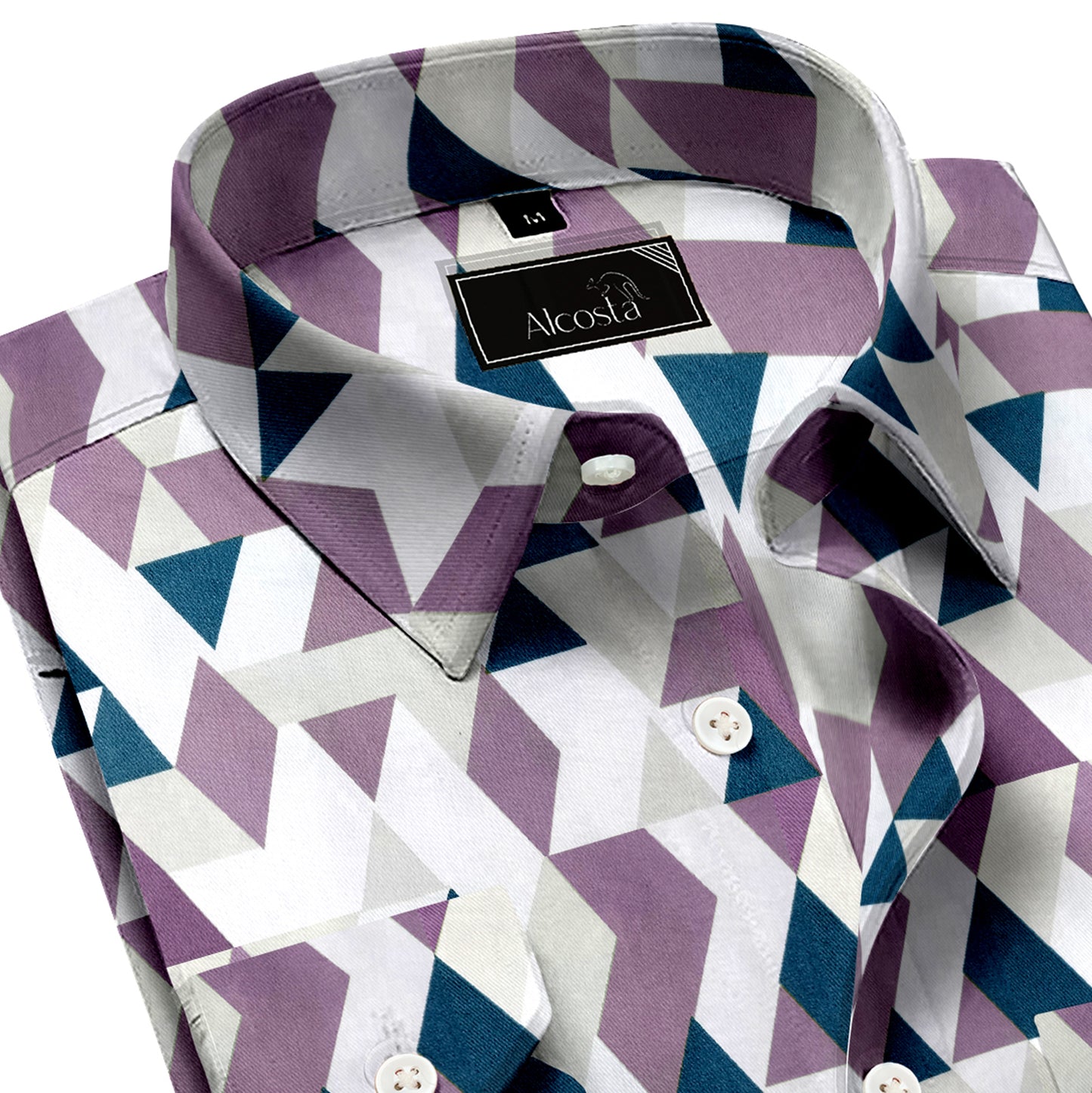 MENS PINK AND WHITE TRIANGLE PRINT LYCRA COTTON SHIRT
