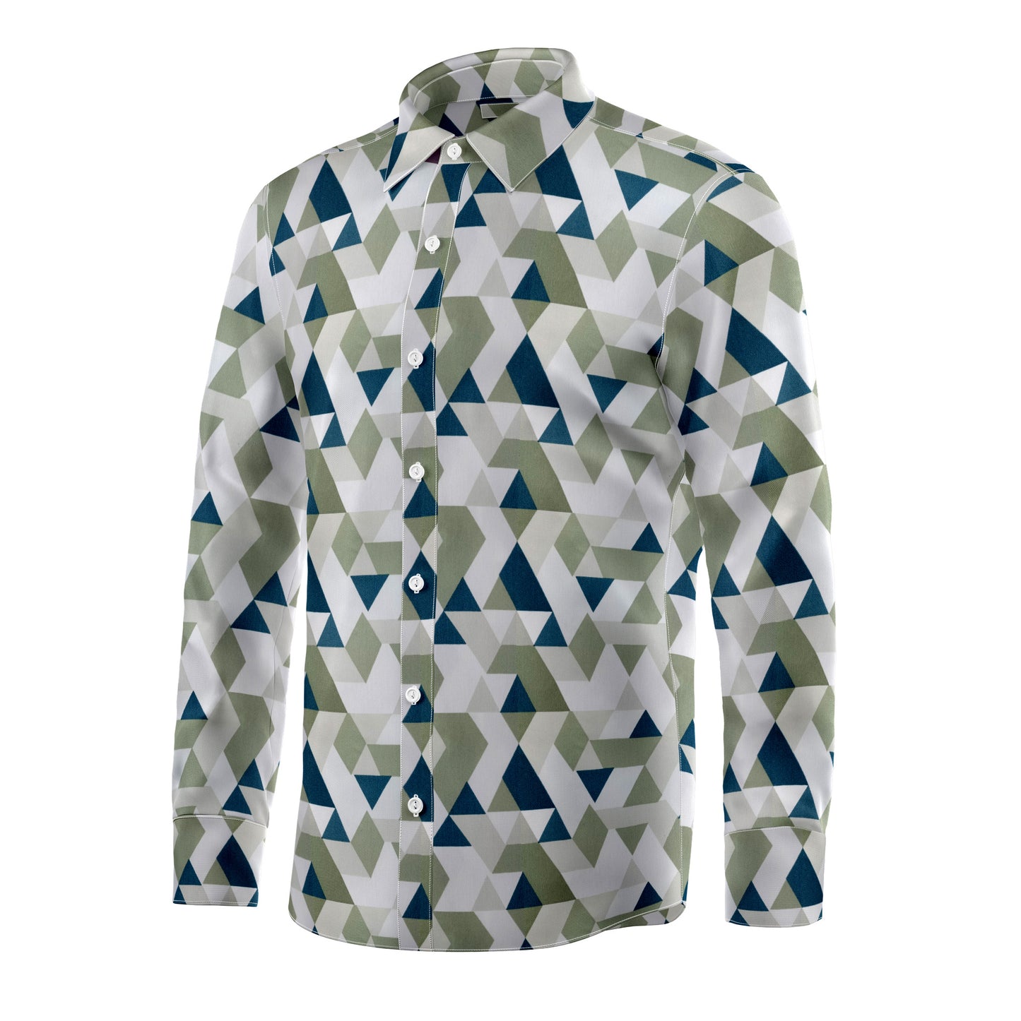 MENS GREEN AND WHITE TRIANGLE PRINT LYCRA COTTON SHIRT