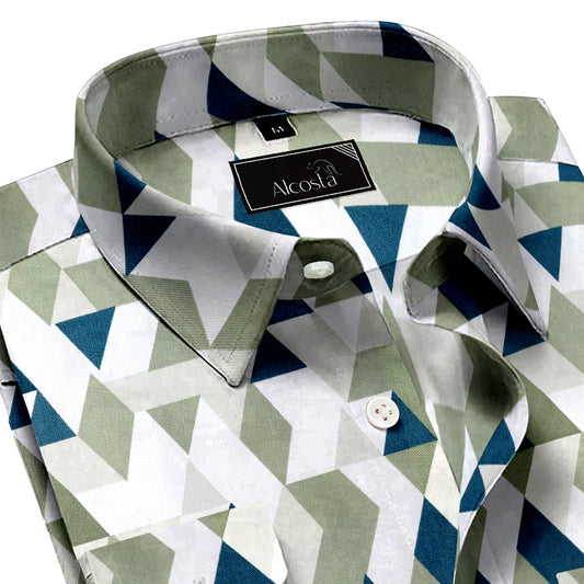MENS GREEN AND WHITE TRIANGLE PRINT LYCRA COTTON SHIRT